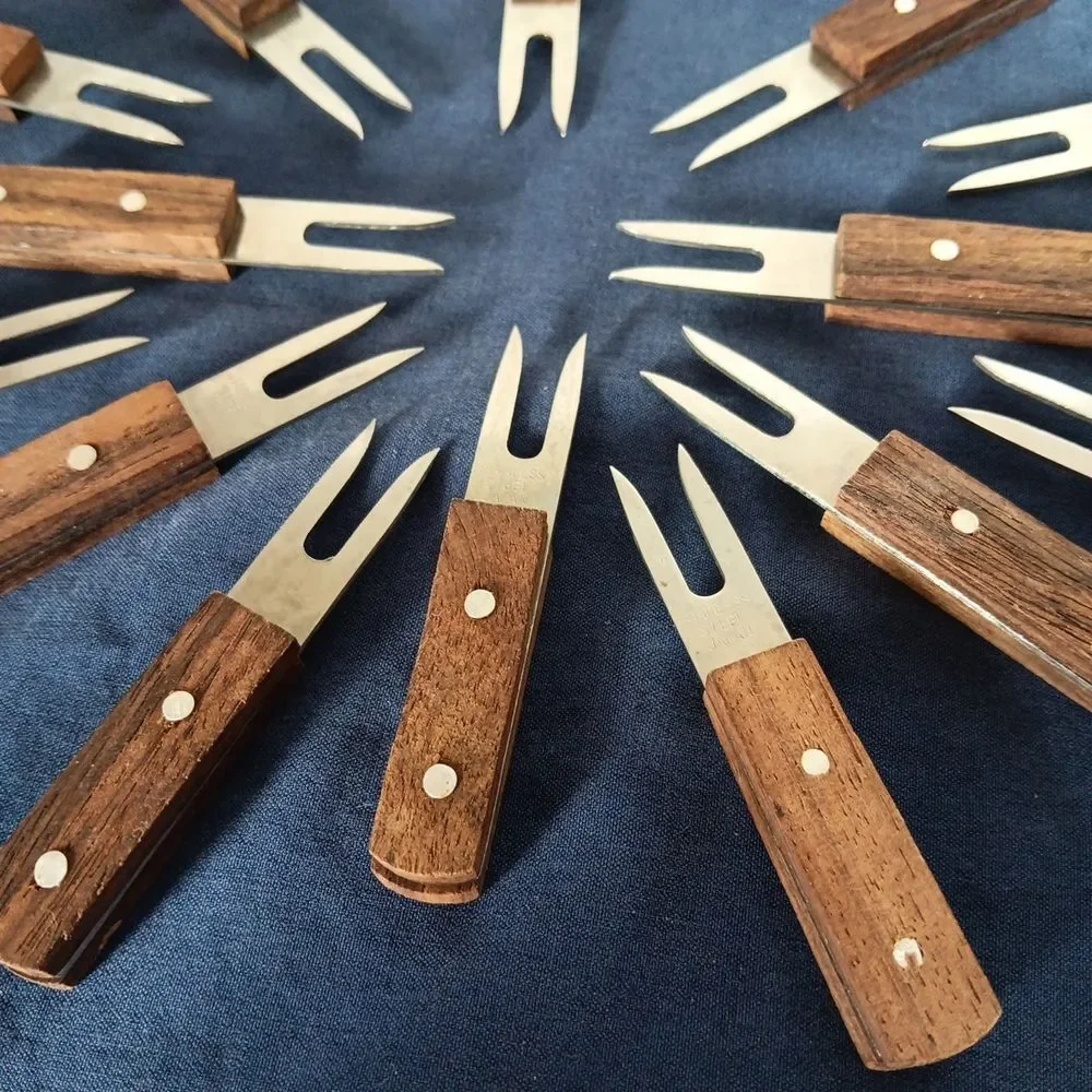 Vintage MCM Japan Stainless Steel Corn Cob Appetizer Forks Hardwood Handles Lot